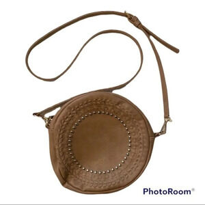 Vieta Shoulder Circle Bag Silver Studs Gold Clasps on Strap Vegan Leather